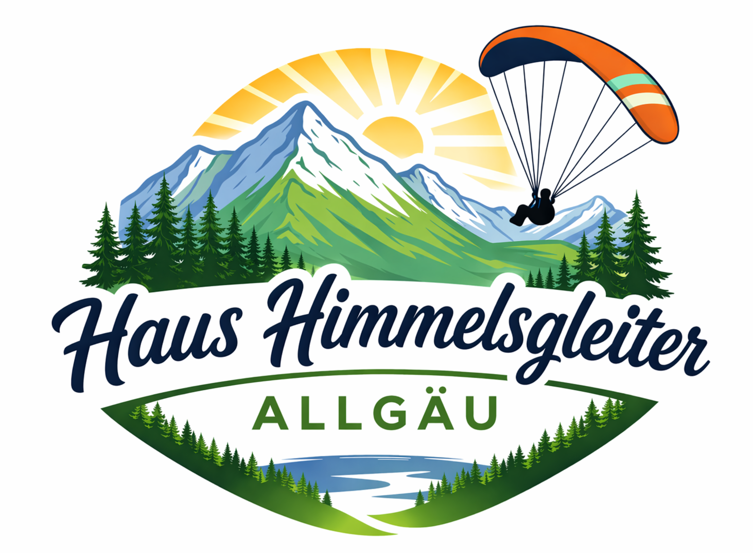 Logo des Haus Himmelsgleiter im Allgäu mit stilisierten Bergen und einem Gleitschirm als Symbol für Freiheit und Naturverbundenheit.